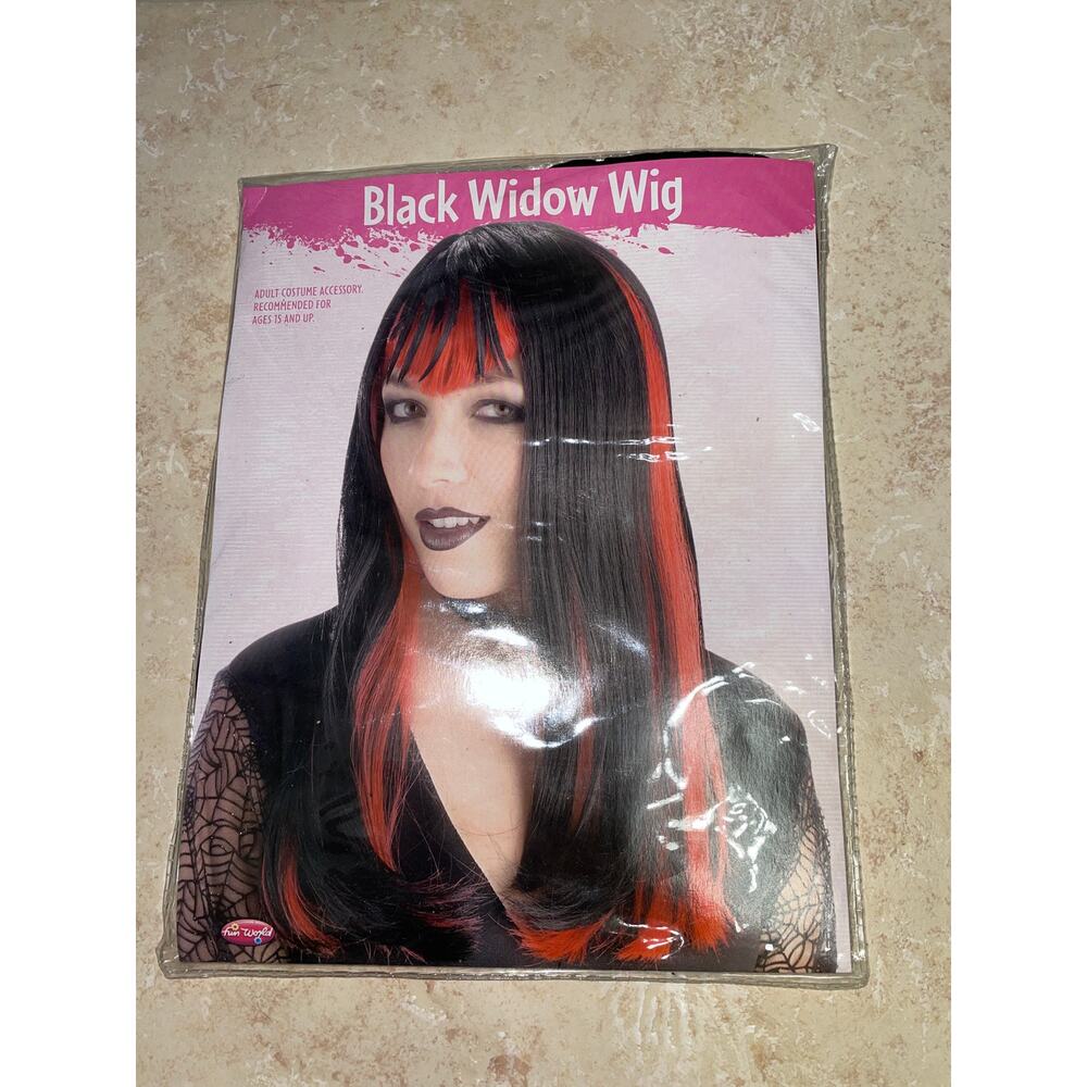 ADULT BLACK RED LONG WITCH VAMPIRE WIDOW HALLOWEEN WIG COSTUME NEW